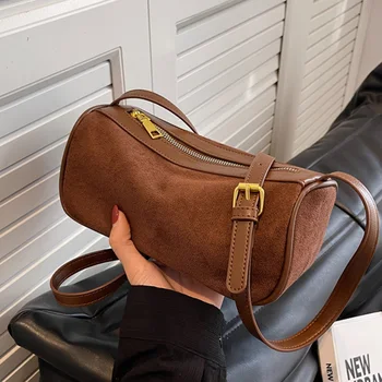 2022 Новые винтажные женские сумки из флока, шикарные бостонские сумки, клатч для выпускного вечера, замшевые сумки через плечо, однотонные коричневые сумки и портмоне, прямая поставка