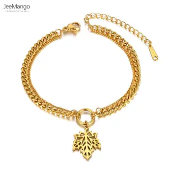 JeeMango Новые браслеты-цепочки из нержавеющей стали, модный двухслойный браслет-оберег с листьями из 18-каратного золота для женщин JB22014