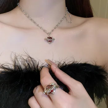 YOUNGX Y2K Винтажное ожерелье с подвеской в виде сердца из циркона в стиле панк, Модные серьги с красными кристаллами для женщин, Подарочный набор ювелирных изделий