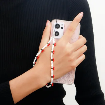 Белый рисовый бисер, расшитый бисером Ремешок для мобильного телефона в пасторальном стиле, Красная вишня, Милая сумка, Подвесное украшение, Брелок для ключей