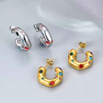 Блестящие Разноцветные серьги-кольца с цирконом CC-формы для женщин, серьги-кольца из нержавеющей стали с 18-каратным позолотой, ювелирные изделия