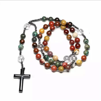 Высококачественное ожерелье из цветных натуральных камней с черными гематитовыми четками длиной 80 см с подвеской в виде Креста Иисуса