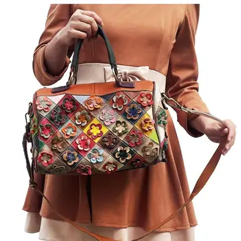Женская повседневная сумка из высококачественной кожи LOMANTINA с ярким дизайном в стиле пэчворк, случайная цветочная сумка через плечо, женская Бостонская сумка-тоут