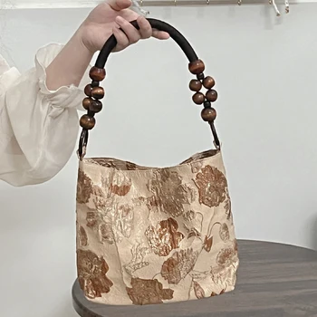 Женская сумка-мешок из жаккардовой ткани, сумка с ручкой, однотонная сумка подмышками в китайском стиле, винтажная сумка-тоут, летняя сумка из коричневых деревянных бусин для рук.