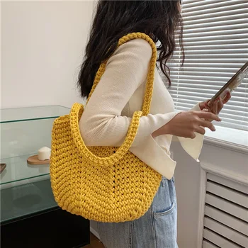 Корейская хлопчатобумажная сумка ins на плечо в стиле ретро, ручная сумка для вязания крючком, пляжная сумка для отдыха на море