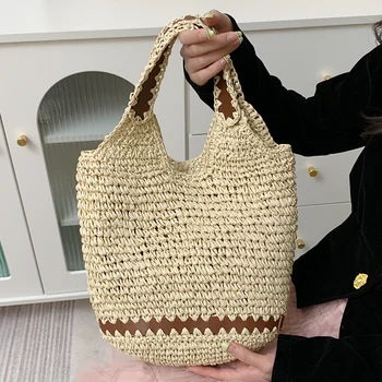 Летняя тканая сумка для отдыха, женская пляжная сумочка ручной работы, повседневная Простая модная Портативная Элегантная соломенная сумка из бумажной веревки 2023