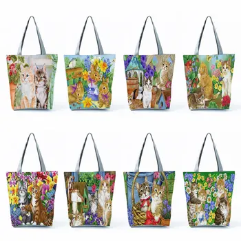 Милые дизайнерские сумки с цветочным принтом в виде кошки, модные сумки для женщин, складные для бакалейных товаров, сумки на молнии, большие сумки для покупок