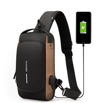 Многофункциональная нагрудная сумка из лакированной кожи, мужская водонепроницаемая мужская сумка через плечо, противоугонная дорожная сумка, мужская нагрудная сумка для зарядки через USB