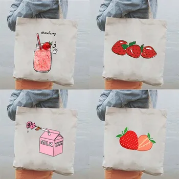Модная розовая сумка для покупок Kawaii с клубникой, студенческая школьная книжка, сумки через плечо, дорожная складная сумка, холст Harajuku многоразового использования