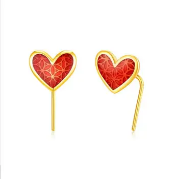 Новые женские серьги-гвоздики из желтого золота 24 карат с красным сердечком.
