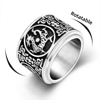 Объемное кольцо-спиннер, мужское кольцо, китайский миф, зверь-хранитель, панк-рок, ювелирные изделия из нержавеющей стали, вращающиеся восточные кольца-амулеты