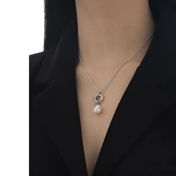 Позолоченная латунь/платина Простая Винтажная цепочка для свитера из натурального жемчуга в стиле барокко, ожерелье из золотой фольги, женское ожерелье
