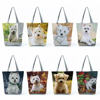 Продукты с изображением собаки, женские сумки, складная сумка-тоут, милая сумка для покупок в стиле Вест-Хайленд-терьер, сумки через плечо большой емкости.