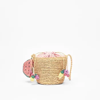 Симпатичная круглая соломенная сумка-ведерко, украшенная арбузом, тканая женская сумка