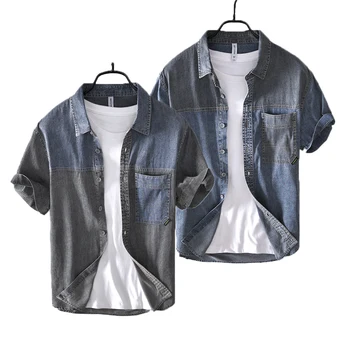 100% Хлопок, мягкая джинсовая мужская брендовая повседневная рубашка с коротким рукавом, приталенный мужской летний топ в стиле пэчворк ковбойского покроя в западном стиле на пуговицах