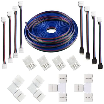 2 Комплекта удлинительного кабеля для светодиодной ленты RGB длиной 16,4 фута (5 м) с 4 контактами, комплекты разъемов для светодиодных лент 5050 для гибкой светодиодной ленты RGB