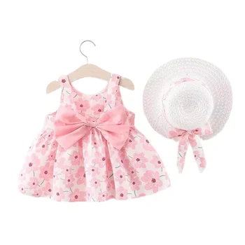 2 шт., Милая Летняя одежда, Пляжные платья для маленьких девочек, Повседневный модный принт, Платье принцессы с милым бантом и цветком + Шляпа, Комплект одежды для новорожденных