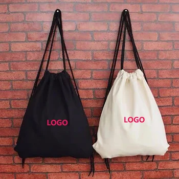 200 шт./лот, Хлопковая сумка на шнурке с логотипом на заказ, подарки с печатным дизайном, Стильный рюкзак для спортивной школьной одежды