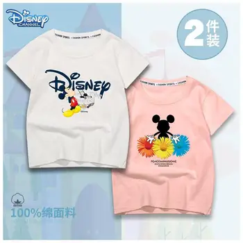 2шт Детская летняя хлопковая футболка Disney для девочек, дышащая футболка с короткими рукавами для мальчиков с героями мультфильмов, детская футболка с короткими рукавами