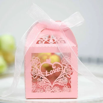 50шт Роза с любовью, коробка конфет, Подарочная коробка для свадебных сувениров, Коробка для драже для вечеринки с лентой, украшения для вечеринок