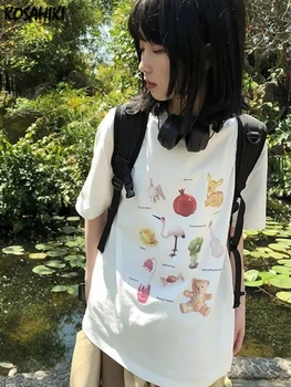 KOSAHIKI Летняя Хлопковая футболка с милым животным принтом И короткими рукавами, Женская Свободная Уличная Одежда, Футболки Harajuku Grunge Graphic Tee Tops