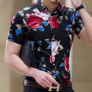 M-7XL Новая летняя модная мужская рубашка Slim Fit С коротким рукавом, рубашка в цветочек, мужская одежда, хлопок, большие размеры, мужские повседневные рубашки в цветочек