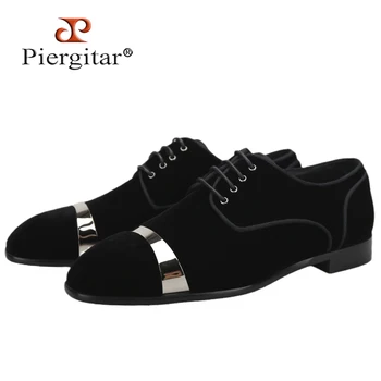 Piergitar, Черные бархатные мужские оксфорды на шнуровке для свадьбы и вечеринки, мужская модельная обувь ручной работы с металлической лентой, красная подошва