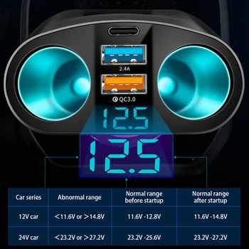 QC3.0 Автомобильное Зарядное Устройство 12 В /24 В Двойной USB Адаптер Питания Автомобильный Прикуриватель Type-C + QC3.0 + 2.4A Синий СВЕТОДИОДНЫЙ Цифровой дисплей 120 Вт