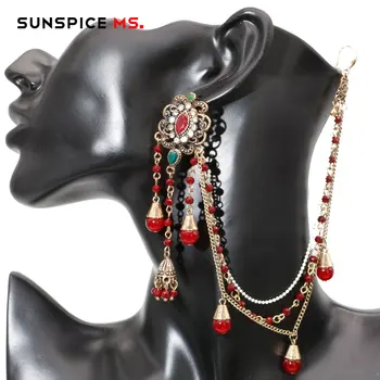 Sunspicems Индийские свадебные украшения, серьги с кисточками, Головной убор для женщин, Бусы из натурального камня цвета Античного золота, Цепочка Алжирских