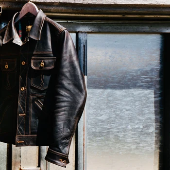 Tailor Brando J-131 Аргентина Классический лацкан из воловьей кожи без покрытия, Винтажная джинсовая куртка 507 для спецодежды