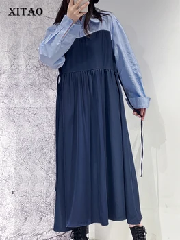XITAO Складывает платье из двух частей Контрастного цвета в стиле пэчворк С длинным рукавом Полосатое платье-рубашка Свободная Модная Летняя Новинка WLD16269