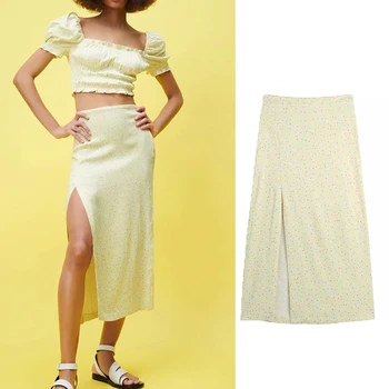 Za 2021 модная летняя Женская юбка с цветочным принтом, юбки с разрезом и вилкой, женская сексуальная тонкая длинная юбка с высокой талией, уличная одежда