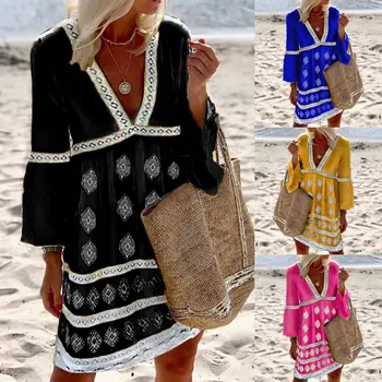 Весеннее женское платье с длинным рукавом, модная свободная одежда с принтом, повседневное пляжное женское платье