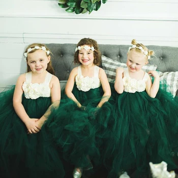 Винтажное платье-пачка для девочек лесного зеленого цвета, детское тюлевое платье, бальное платье с цветами, детские платья для костюмов на День рождения и свадьбу для вечеринок