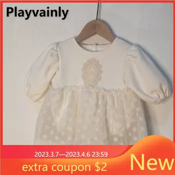 Демисезонный боди для маленьких девочек, Газовое платье с вышивкой в стиле пэчворк, флисовый комбинезон с длинным рукавом, Одежда для новорожденных E1018