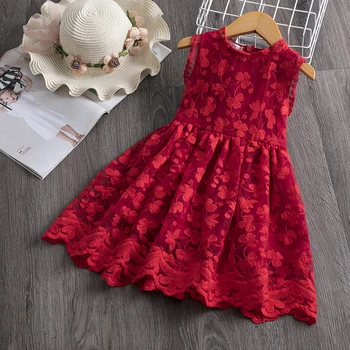 Детские летние платья с цветочным кружевом для девочек, повседневная одежда без рукавов для детей 2-6 лет, красное детское платье для новогодней вечеринки