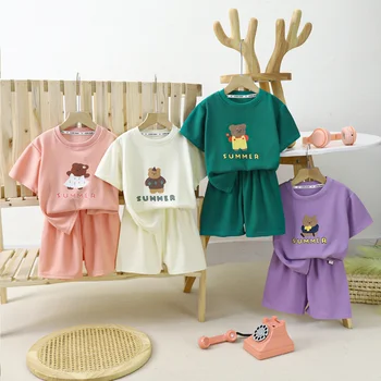 Детский комплект с короткими рукавами Little Bear, дышащие Повседневные комплекты с короткими рукавами и шортами, Корейский костюм с героями мультфильмов для мальчиков и девочек, новинка лета