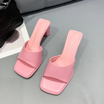 Дизайнерские шлепанцы на высоком каблуке для женщин, летняя обувь, сандалии с открытым носком, Роскошная розовая удобная обувь на массивном каблуке 2023, женские тапочки