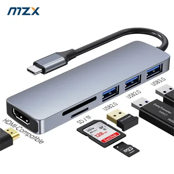 Док-станция MZX 6-в-1 Type C, Совместимая с HDMI, Устройство чтения карт SD TF, Док-станция USB-концентратор 3 0 2.0 3.0, Удлинитель Tipo
