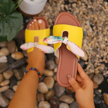 Женская обувь на плоской подошве с принтом Галстука-бабочки, Летние Новые Модные Повседневные Пляжные Сандалии, Женские Тапочки