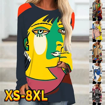 Женская футболка, топы с абстрактной росписью, толстовка для отдыха на каждый день, выходные, длинный рукав, круглый вырез, Основные базовые XS-8XL