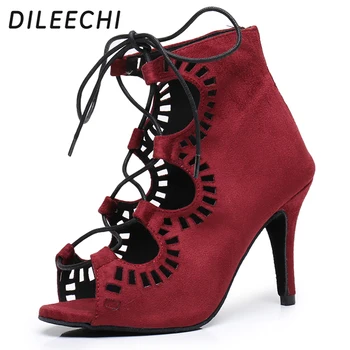 Женские ботинки для латиноамериканских танцев DILEECHI из бархата винно-красного цвета для сальсы, Свадебная вечеринка, обувь для бальных танцев, Высокий каблук 85 мм, Мягкая подошва, Новинка 2022 года