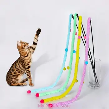Игрушка-дразнилка для кошек с милыми помпонами Длинная Интерактивная палочка Игрушка для кошек Котенок Гоняется за проволокой Забавные Инструменты для обучения домашних кошек