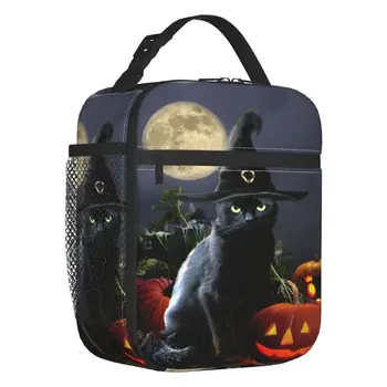Изготовленная на заказ сумка для ланча с Ведьминым Черным котом и Луной на Хэллоуин для мужчин и женщин, кулер, Термоизолированный ланч-бокс для учащихся школы