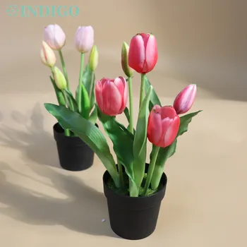 Индиго-искусственный цветок тюльпана, 1 комплект, бонсай с горшком, 25 см, силикон, настоящее сенсорное украшение стола, цветочная композиция