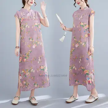 китайское винтажное платье 2023 года из хлопчатобумажной линии qipao улучшенное платье чонсам с национальным цветочным принтом в стиле ретро ципао восточное платье чонсам