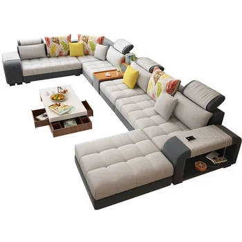 Комбинация тканевых диванов Простой современный тканевый диван типа большой и маленькой квартиры, съемный и моющийся U-образный тканевый диван-кушетка