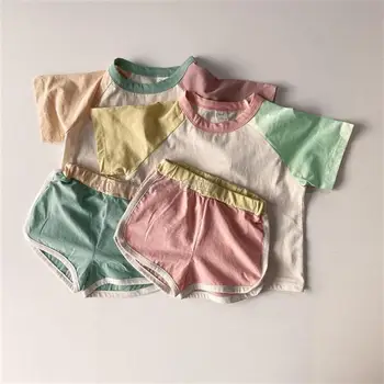 комплекты одежды для маленьких мальчиков и девочек из 2 предметов, Летние модные детские футболки с рукавами + шорты, цветная одежда для шитья