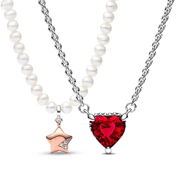 Красное сверкающее сердце Halo Collier серии Lucky Star Жемчужное ожерелье из стерлингового серебра 925 пробы для популярных ювелирных изделий из бисера 