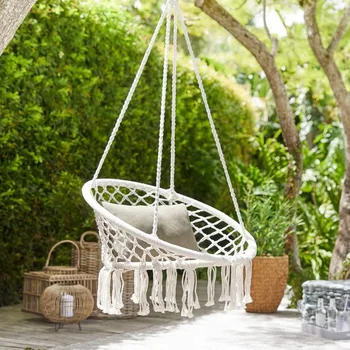 Круглый гамак-качели в скандинавском стиле, безопасное подвесное садовое сиденье на веревке для гамака, бежевое кресло-качели на балконе из вязаной веревки